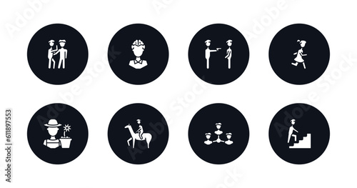 symbol for mobile filled icons set. filled icons such as gossip, mind game, police arresting man, girl running, garderner, man riding a horse, businessmen hierarchy, man climbing stairs vector.
