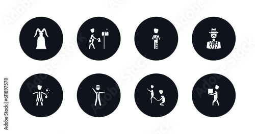symbol for mobile filled icons set. filled icons such as women dress, postman working, patien, sir, chemist working, policeman working, helping other to jump, men carrying a box vector.