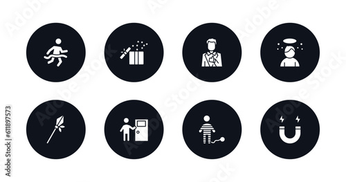 symbol for mobile filled icons set. filled icons such as running at finish line, open present box, tumb up business man, boy angel head, lance, man knocking a door, war prisioner, electromagnet