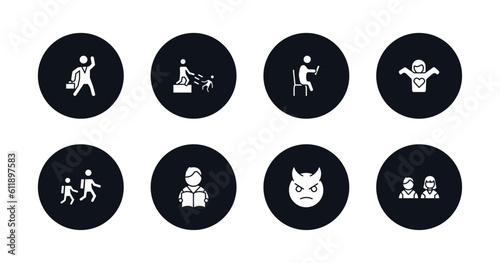 symbol for mobile filled icons set. filled icons such as businessman dancing, man pushing child, sitting man reading, getting dressed, walking to school, student books, devil head with horns,