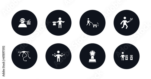 symbol for mobile filled icons set. filled icons such as movie director, magician boy, person mowing the grass, man walking and smoking, complex, biceps of a man, cinema award, validating ticket