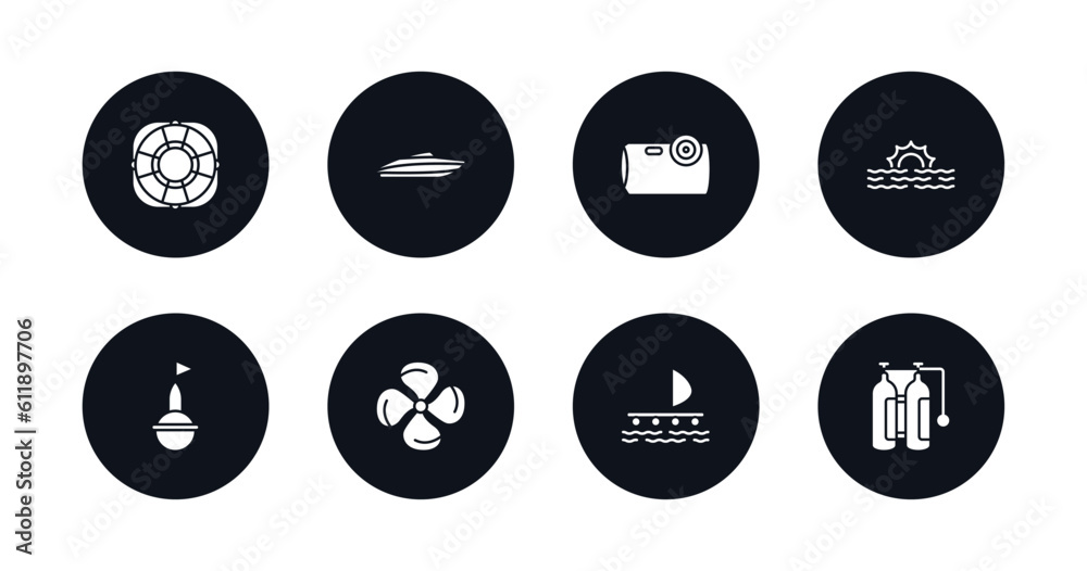 symbol for mobile filled icons set. filled icons such as life preserver, speed boat, water resist camera, sea, buoy, propeller, wood raft, air tank vector. symbol for mobile filled icons set. filled icons such as life preserver, speed boat, water resist camera, sea, buoy, propeller, wood raft, air tank vector.