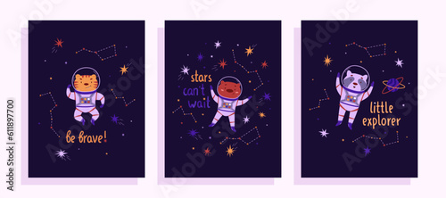 Cute space vector posters. Raccoon, tiger and bear astronaut in outer space, cartoon animal. Hand draw lettering. Ideal for kids concepts. International Day of Human Space Flight and Cosmonautics Day