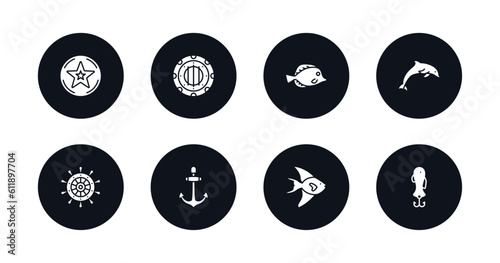 symbol for mobile filled icons set. filled icons such as star inside circle, submarine window, fish, dolphin, helm, big anchor, fish facing right, fish shaped bait vector.