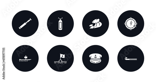 symbol for mobile filled icons set. filled icons such as nautical monocular, oxygen tank, ocean waves, porthole, trireme, sea flag, sailor cap, oil tanker ship vector.