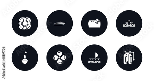 symbol for mobile filled icons set. filled icons such as life preserver, speed boat, water resist camera, sea, buoy, propeller, wood raft, air tank vector.