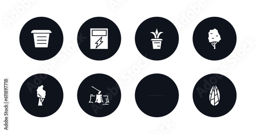 symbol for mobile filled icons set. filled icons such as flowerpot, eco energy source, plant pot, the maples tree, black birch tree, deforestation, gray birch tree, flower seeds vector.