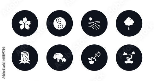 symbol for mobile filled icons set. filled icons such as japanese flower, fengshui, vineyard, basswood tree, trunk, mushroom with spots, watering plant, bonsai tree vector.