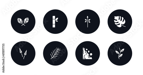 symbol for mobile filled icons set. filled icons such as straberry leaf, bamboo sticks, sprig with five leaves, philodendron, subulate, pine needle, mountain pse, pinnation vector.