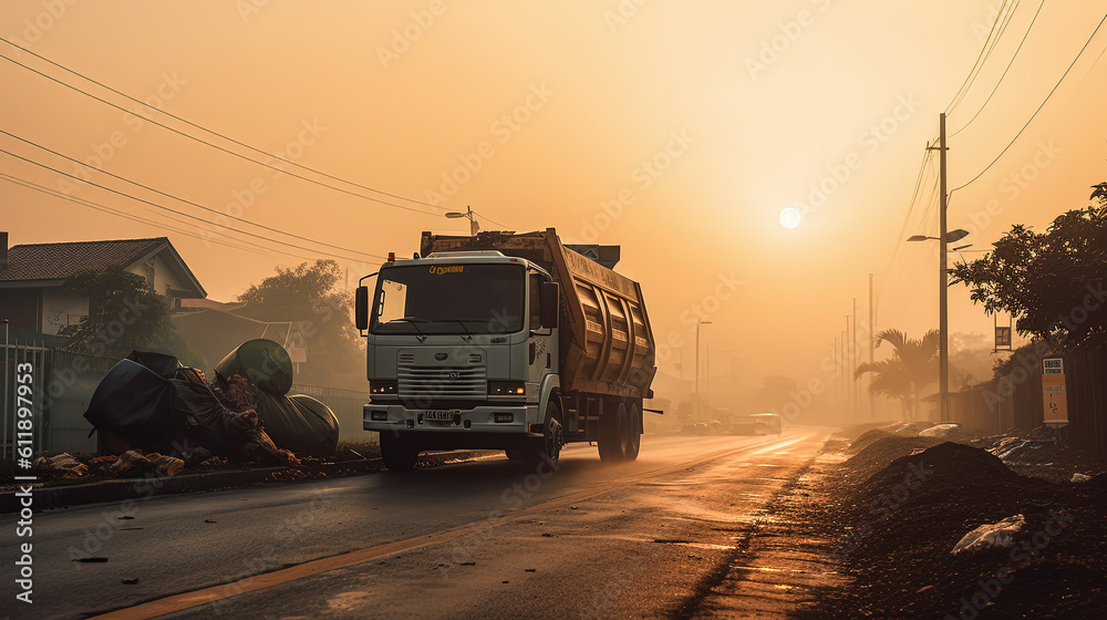 Garbage truck on the road during fog early in the morning. Generative AI