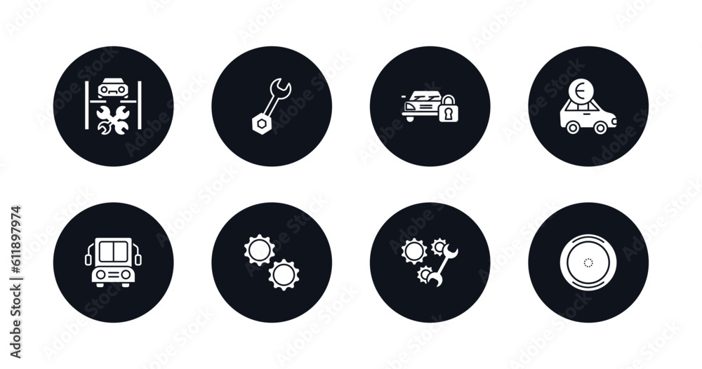 symbol for mobile filled icons set. filled icons such as repairing car, repair wrenches, car with padlock, car with euro, big bus front, two cogwheels, repair mechanism, wheel vector. symbol for mobile filled icons set. filled icons such as repairing car, repair wrenches, car with padlock, car with euro, big bus front, two cogwheels, repair mechanism, wheel vector.