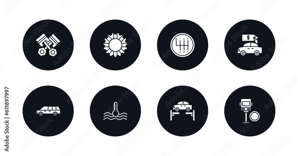 symbol for mobile filled icons set. filled icons such as pistons cross, bicycle sprockets, driving gear controls, car for sale, limousine side view, car temperature, car on an elevator, bus in symbol for mobile filled icons set. filled icons such as pistons cross, bicycle sprockets, driving gear controls, car for sale, limousine side view, car temperature, car on an elevator, bus in
