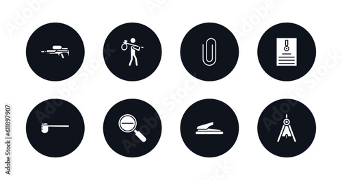 symbol for mobile filled icons set. filled icons such as flame thrower, refugee, paperclip attachment, enlist, measuring spoon, diminish, puncher, school compass vector.