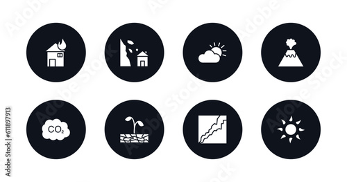 symbol for mobile filled icons set. filled icons such as house on fire, avalanche and house, weather, erupting volcano, co2 gas, plant on drought, cracked ground, burning sun vector.