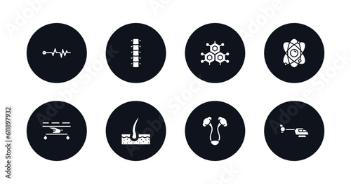 symbol for mobile filled icons set. filled icons such as pulse line, vertebra, molecular structure, atomic structure, table of treatments, dermis, bladder, heliport vector.