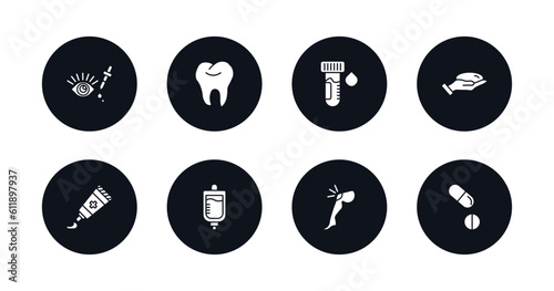 symbol for mobile filled icons set. filled icons such as eye drops, tooth, blood sample, breast implant, ointment, iv, knee, tablets vector.