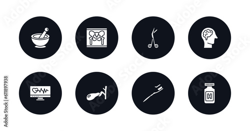 symbol for mobile filled icons set. filled icons such as phary tool, x ray of bones, opened medical scissors, brain in bald male head, medical heart scan, gallbladder, brush with tooth paste, pills