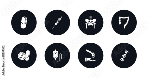 symbol for mobile filled icons set. filled icons such as medical pill, syringe with medicine, p, colon, drug pills, plasma, acid falling on hand, medical chain of dna vector.
