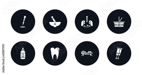 symbol for mobile filled icons set. filled icons such as dosage medical tool, medicines bowl, breath control, phary shopping cart, l, molar tooth, hospital bed side view, crutches couple vector.