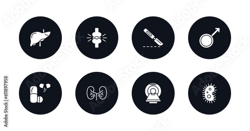symbol for mobile filled icons set. filled icons such as liver, femur, scalpel, male, drugs, kidney, scan, microbe vector.