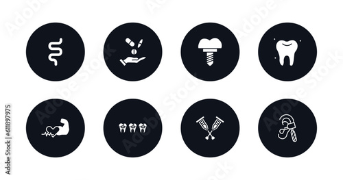 symbol for mobile filled icons set. filled icons such as intestine, antibiotic, implants, teeth, fit, braces, crutches, otoscope vector.