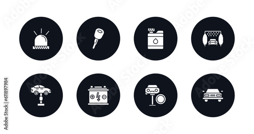 symbol for mobile filled icons set. filled icons such as car beacon on, car key, water tank for vehicles, car wash hine, garage elevator, battery, changing tire, rectangular front vector.