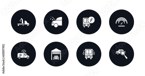 symbol for mobile filled icons set. filled icons such as car crane, car with heat problems, bus with compass, fuel counter, red cross car, in a garage, bus front, searching for vector.