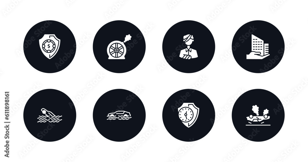 symbol for mobile filled icons set. filled icons such as deposit insurance, puncture in a wheel, wounded, building insurance, drown, flood risk, long term protection, overturned vehicle vector. symbol for mobile filled icons set. filled icons such as deposit insurance, puncture in a wheel, wounded, building insurance, drown, flood risk, long term protection, overturned vehicle vector.