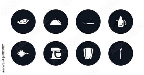 symbol for mobile filled icons set. filled icons such as broiler, platter, pan, apron, skillet, mixer, glass, fork vector.