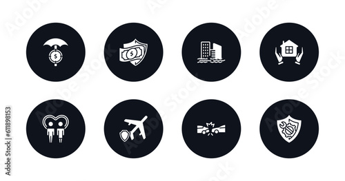 symbol for mobile filled icons set. filled icons such as finances, money insurance, inundation, real estate insurance, family care, air travel insurance, rear end collision, repair vector.