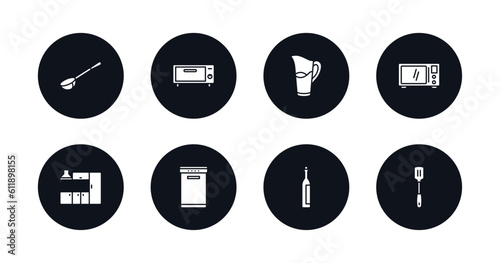 symbol for mobile filled icons set. filled icons such as ladle, bun warmer, pitcher, microwave oven, kitchen cabinet, dishwasher, wine bottle, spatula vector.