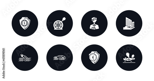 symbol for mobile filled icons set. filled icons such as deposit insurance, puncture in a wheel, wounded, building insurance, drown, flood risk, long term protection, overturned vehicle vector.