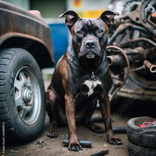 american staffordshire bull terrier in front of a car made with generative AI 