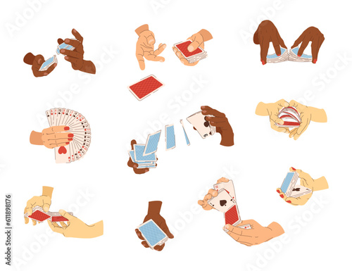 Vector casino player set of playing cards in hands. Magic tricks and croupier shuffle. Multicultural casino players. Illustrations for gambling industry. Cards, rules and web banners for online casino