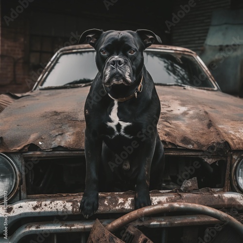 Dog in front of a old destroyed car made with generative AI 