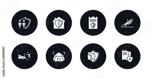 symbol for mobile filled icons set. filled icons such as family insurance, replacement value, license, overturned car, accident, fire insurance, mortgage, actual cash value vector.