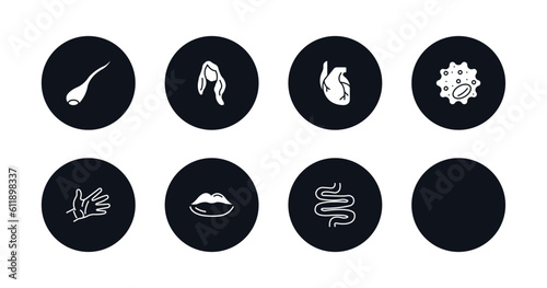 symbol for mobile filled icons set. filled icons such as sperms, long wavy hair variant, human heart, cellulite, basophil, hand showing palm, big lips, small intestine vector.