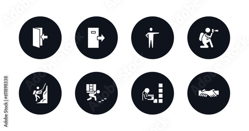 symbol for mobile filled icons set. filled icons such as come in, out, man pointing, nature photographer, mountain climb, carrying on back, storekeeper, helping vector.