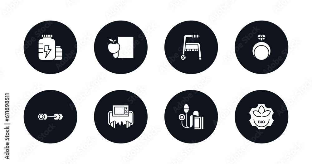 symbol for mobile filled icons set. filled icons such as proteins, nutrition, medical walker, rings, dumbbell, defibrillator, sphygmomanometer, bio vector. symbol for mobile filled icons set. filled icons such as proteins, nutrition, medical walker, rings, dumbbell, defibrillator, sphygmomanometer, bio vector.