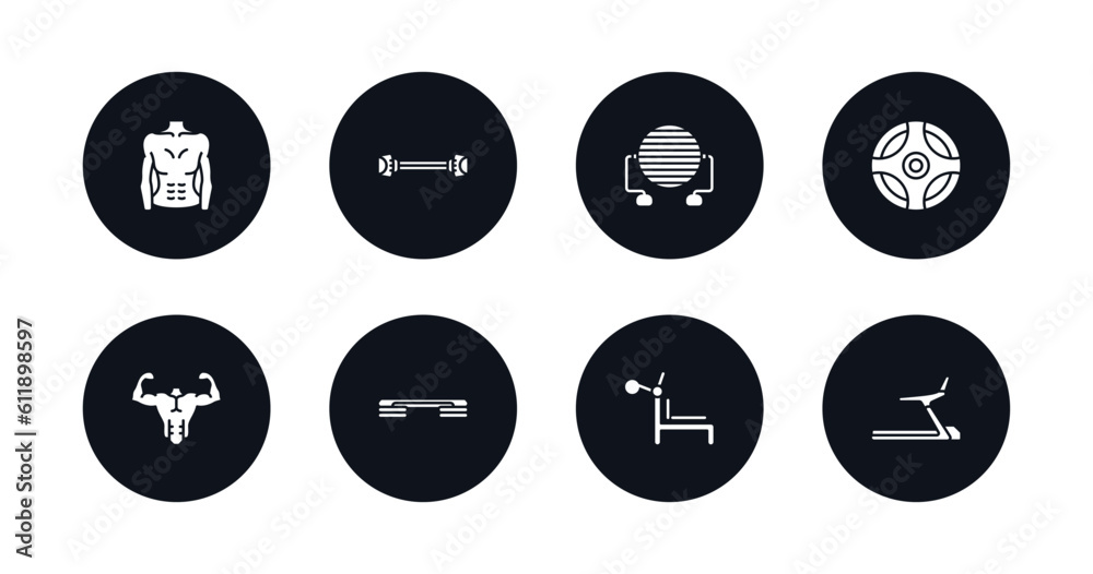 symbol for mobile filled icons set. filled icons such as fitness body, chest expanders, pilates ball, power ball, bodybuilder, fitness step, simulator for press, training apparatus vector. symbol for mobile filled icons set. filled icons such as fitness body, chest expanders, pilates ball, power ball, bodybuilder, fitness step, simulator for press, training apparatus vector.