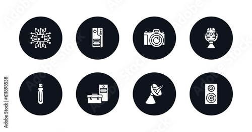 symbol for mobile filled icons set. filled icons such as circuits, computer case, big camera, radio mic, usb flash, device manager, parabolic, loudspeakers vector.