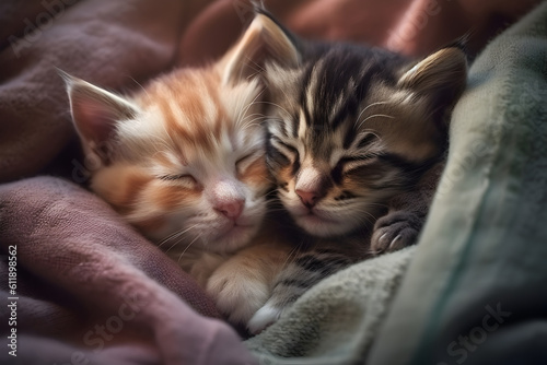 Two small striped domestic kittens sleeping at home lying on bed white blanket funny pose. cute adorable pets cats