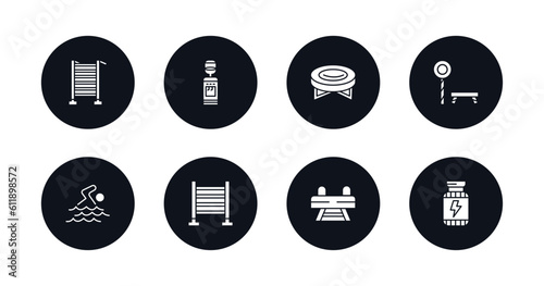 symbol for mobile filled icons set. filled icons such as swedish wall, water hine, jumping equipment, trainer rod, swim, trellis, buck, supplement vector.