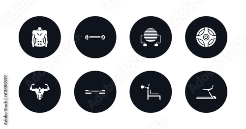 symbol for mobile filled icons set. filled icons such as fitness body, chest expanders, pilates ball, power ball, bodybuilder, fitness step, simulator for press, training apparatus vector.