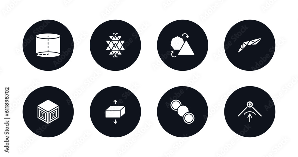 symbol for mobile filled icons set. filled icons such as cylinder, sri yantra, transform, polygonal wings, side to side of a cube, flatten, row, edit corner vector.