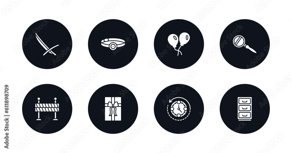 symbol for mobile filled icons set. filled icons such as deckchair, head mirror, floating balloons, magnifiying glass, traffic barriers, birthday present, rewind time, office cabinet vector. symbol for mobile filled icons set. filled icons such as deckchair, head mirror, floating balloons, magnifiying glass, traffic barriers, birthday present, rewind time, office cabinet vector.
