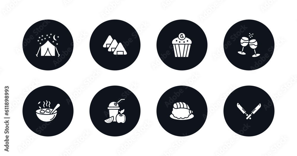 symbol for mobile filled icons set. filled icons such as night camping, japanese sushi, zombie muffin, glasses of wine, bowl of food, smoothies, sushi prawn, knifes vector.