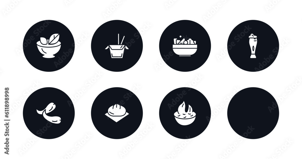 symbol for mobile filled icons set. filled icons such as vegetarian food, chinese food box, bowl with vegetables, tiffin, jar of beer, chili pepper, wonton, spicy food vector.