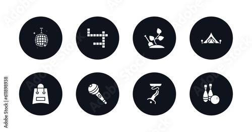 symbol for mobile filled icons set. filled icons such as disco ball, crossword, gardening, camping, bags, karaoke, bungee jumping, bowling vector.