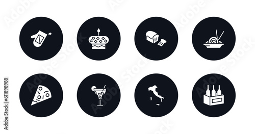 symbol for mobile filled icons set. filled icons such as cooking mitts, cake with one candle, loaf of bread, chow mein, triangular pizza slice, cocktail on a glass, italian, wine bottles in a box